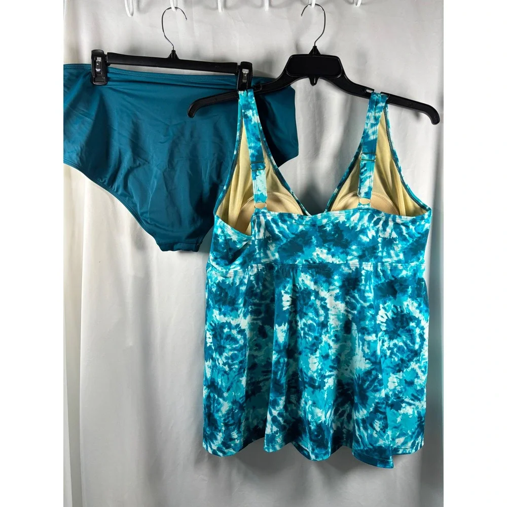 Kim Gravel Teal Tie Dye Tankini Set High Waisted Two Piece Swimsuit Plus Size 22